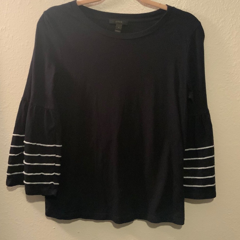 J Crew Shirt Size S Black  3/4‎ Bell Sleeve Top Piping Tee Crewneck Cotton